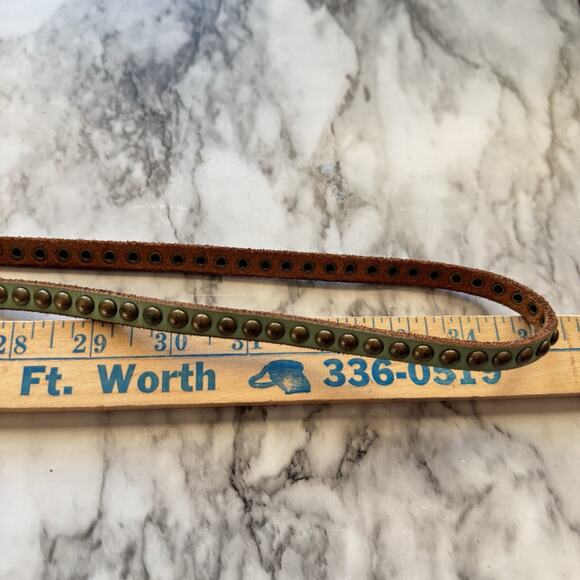Leather Double Wrap Brass Tone Studded Skinny Belt Turquoise - Picture 8 of 8